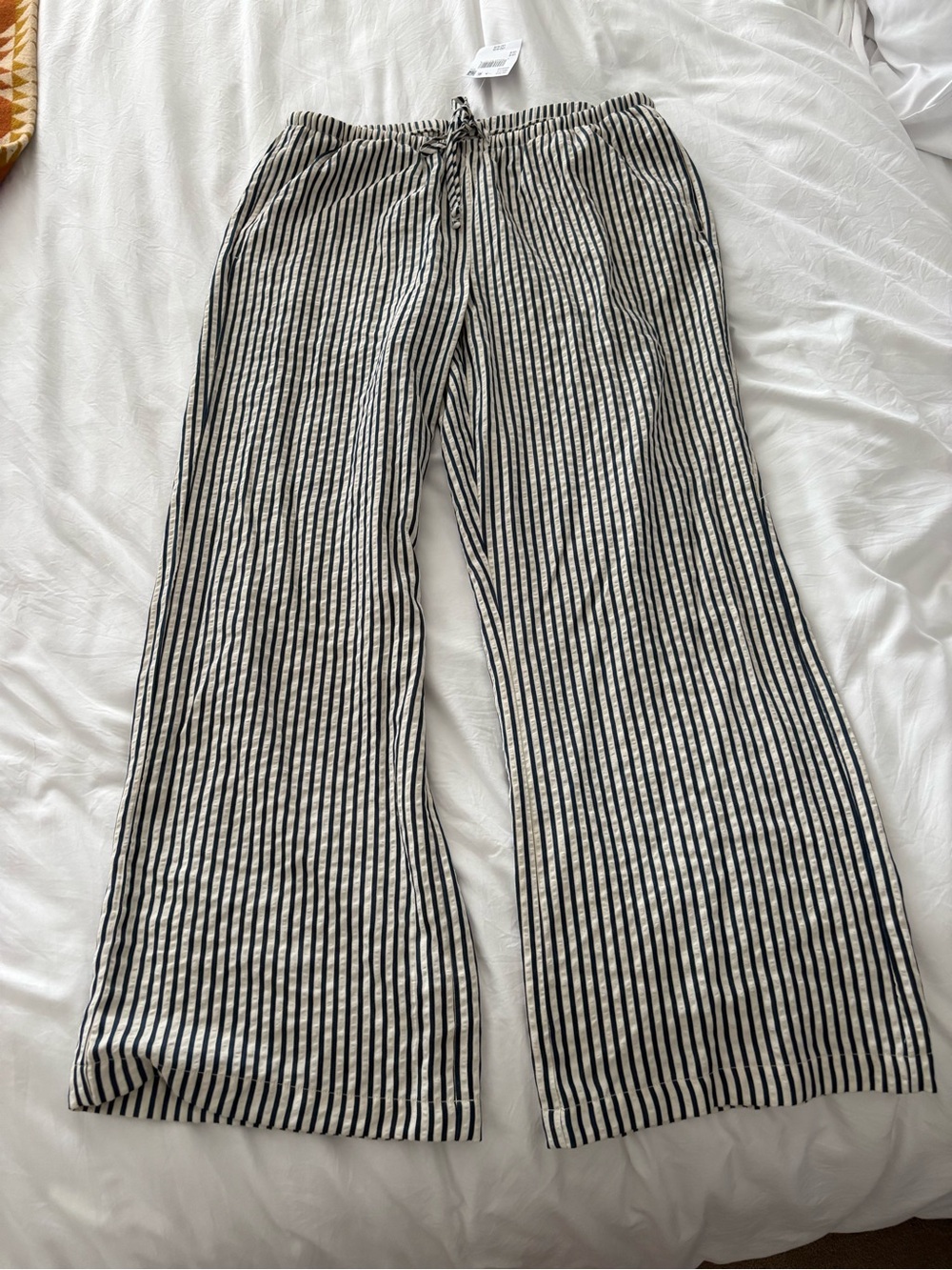 NWT American Eagle Striped Wide Leg Pull On Pants Size M Blue Cream